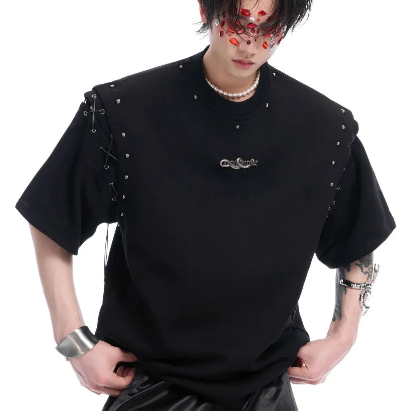 Men's black short sleeve t-shirt with lace-up front detail and cutout side panels