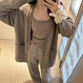 Women's knit cardigan vest and suspender trousers three-piece set in wool blend fabric