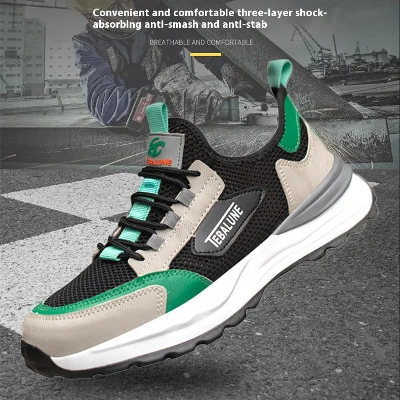 Black green steel toe safety shoes with mesh upper and plastic protective toe cap