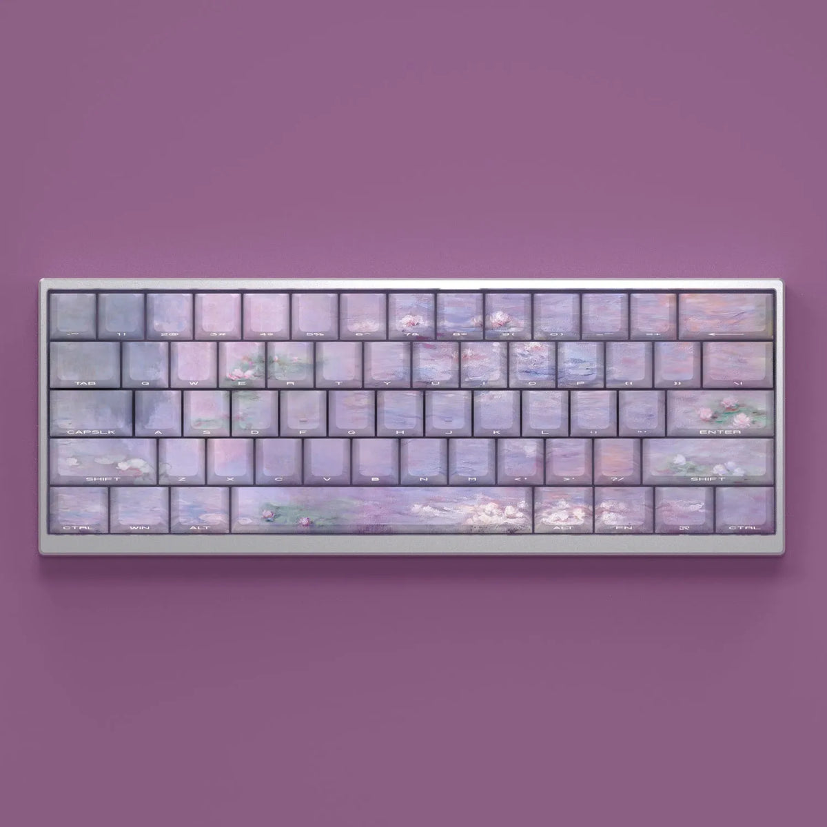 Wenshao Sleeping Lotus PBT keycap set with 130 keys showing side-carved transparent character design