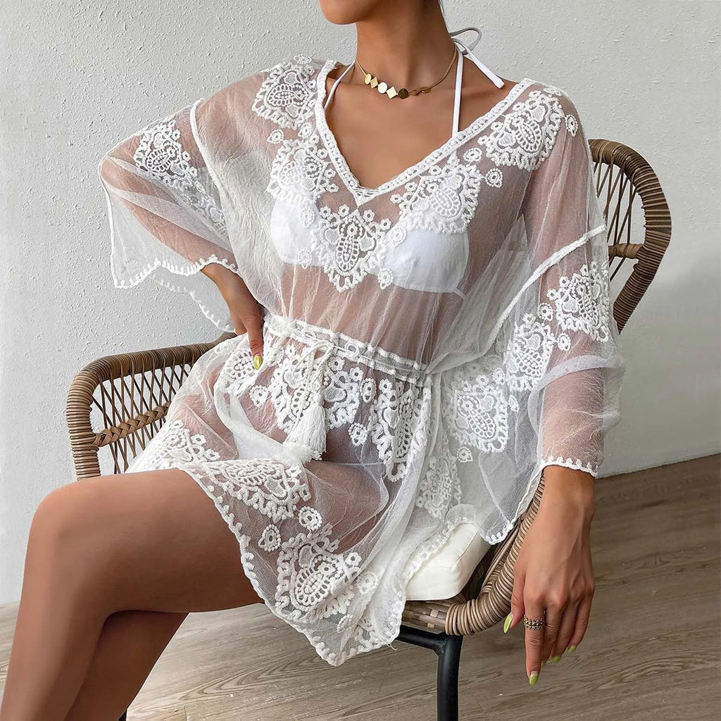 White free-size polyester beach blouse with water-soluble texture for women.