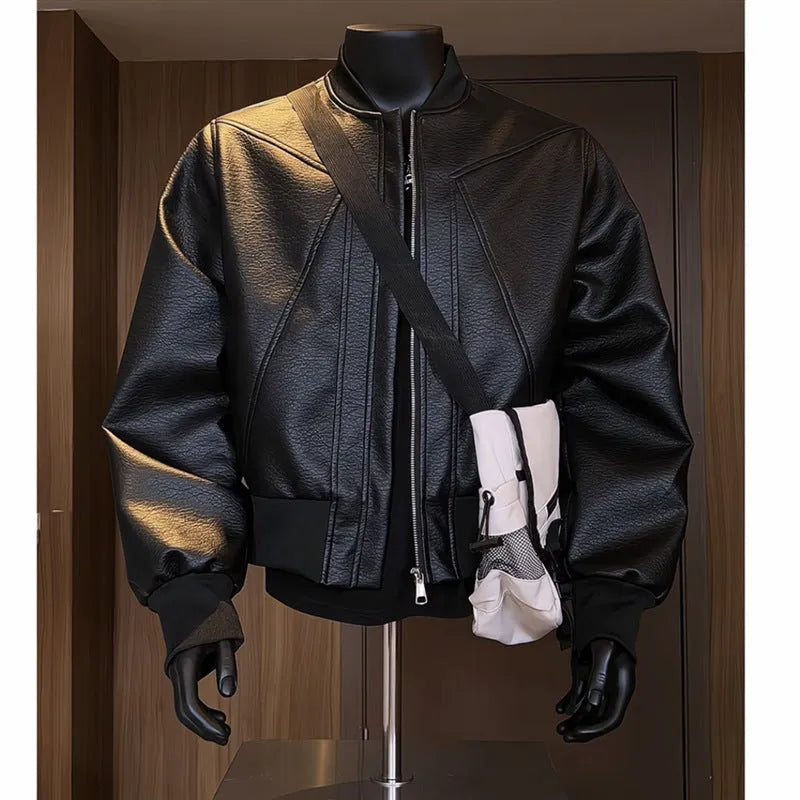 Men's black PU leather jacket with extended length and tight fit design