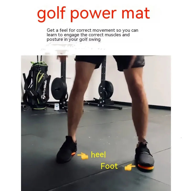 Orange golf training mat with rubber centre disc on practice surface
