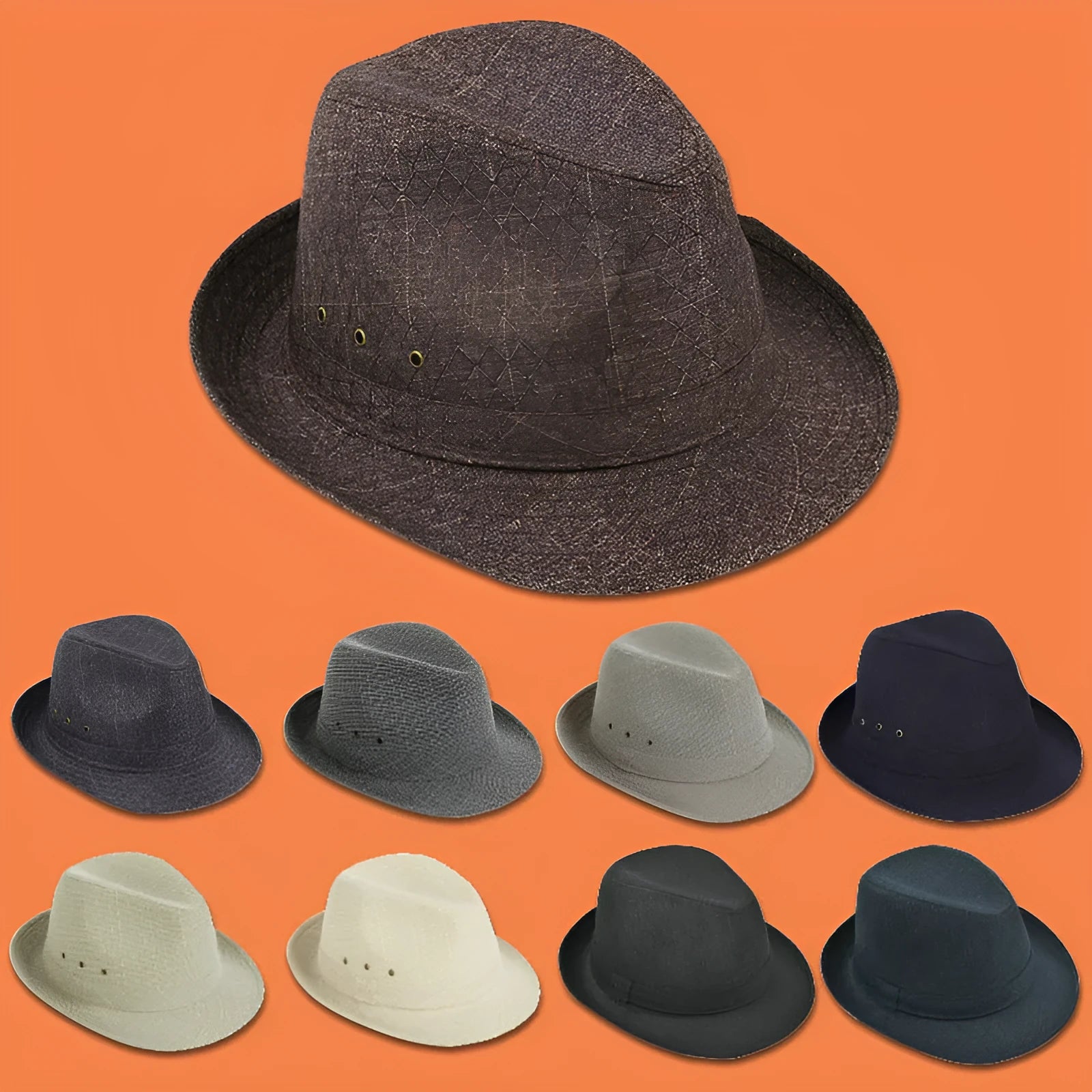 A classic fedora hat for men in thickened suit material, shown in a neutral colour on a stand.