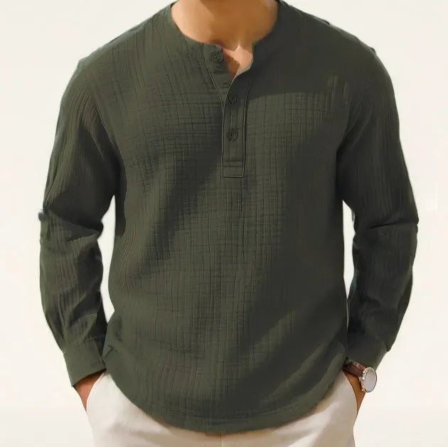 Men's slim fit cotton linen blend long sleeve shirt in Army Green with 3/4 sleeves and round neck