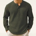 Men's slim fit cotton linen blend long sleeve shirt in Army Green with 3/4 sleeves and round neck