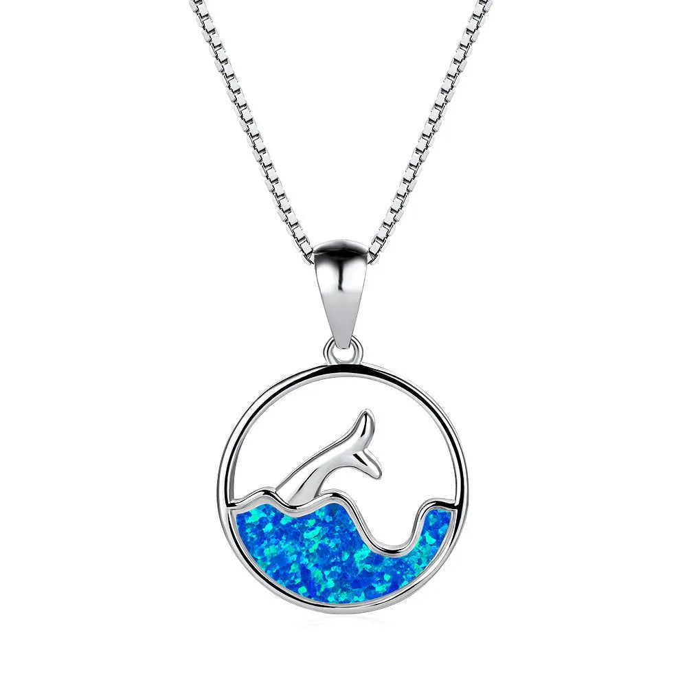 White gold round blue opal sea fishtail necklace with electroplated copper finish and simple geometric design