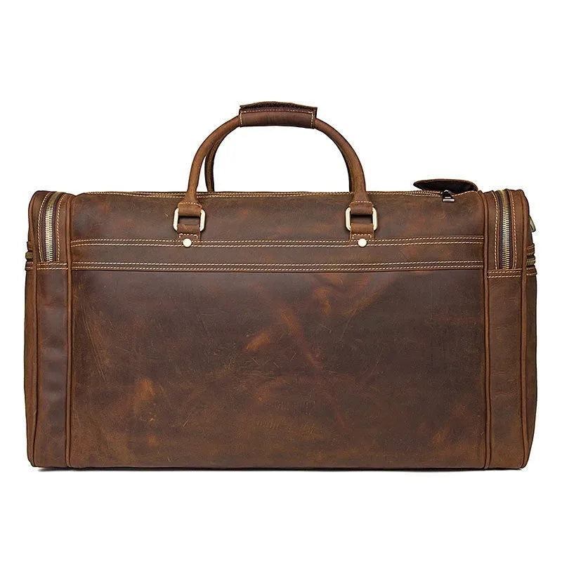 Crazy horse leather crossbody travel bag in dark brown with first layer cowhide, 36-55L capacity, for leisure travel