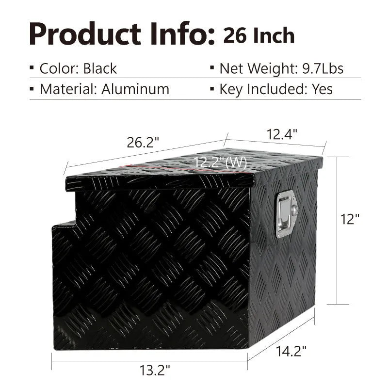 Black aluminium alloy tool case measuring 26 inches with lockable design for tool storage and transport