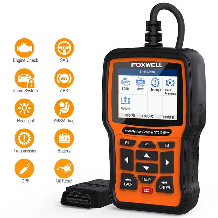 Orange and black Foxwell NT510 automotive diagnostic scanner with TFT screen and data cable for OBD2 vehicle fault detection.