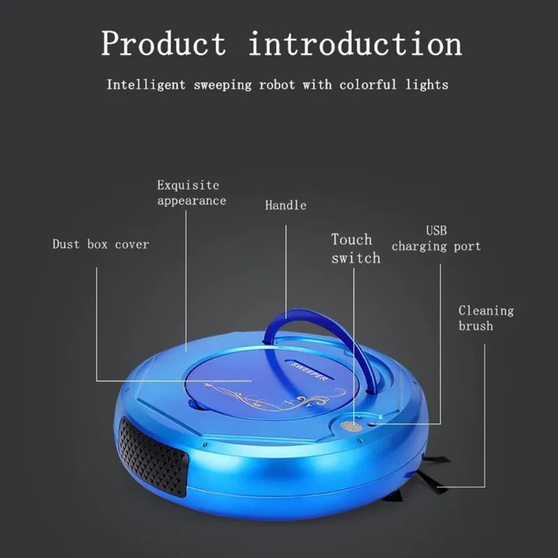Blue robot vacuum cleaner for automated floor sweeping on tile and wooden flooring