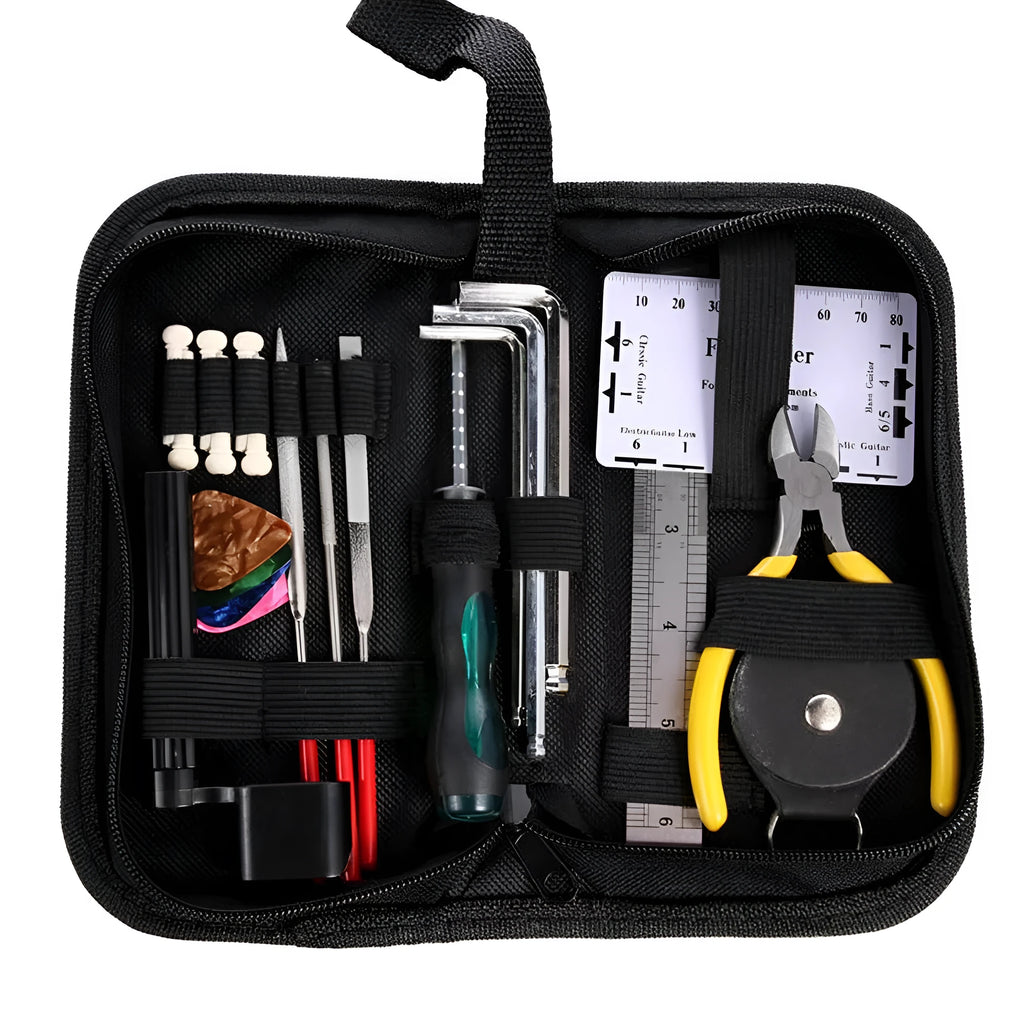 Black plastic guitar repair tool kit for guitars, bass, mandolin, and banjo, showing closed case.