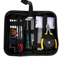 Black plastic guitar repair tool kit for guitars, bass, mandolin, and banjo, showing closed case.