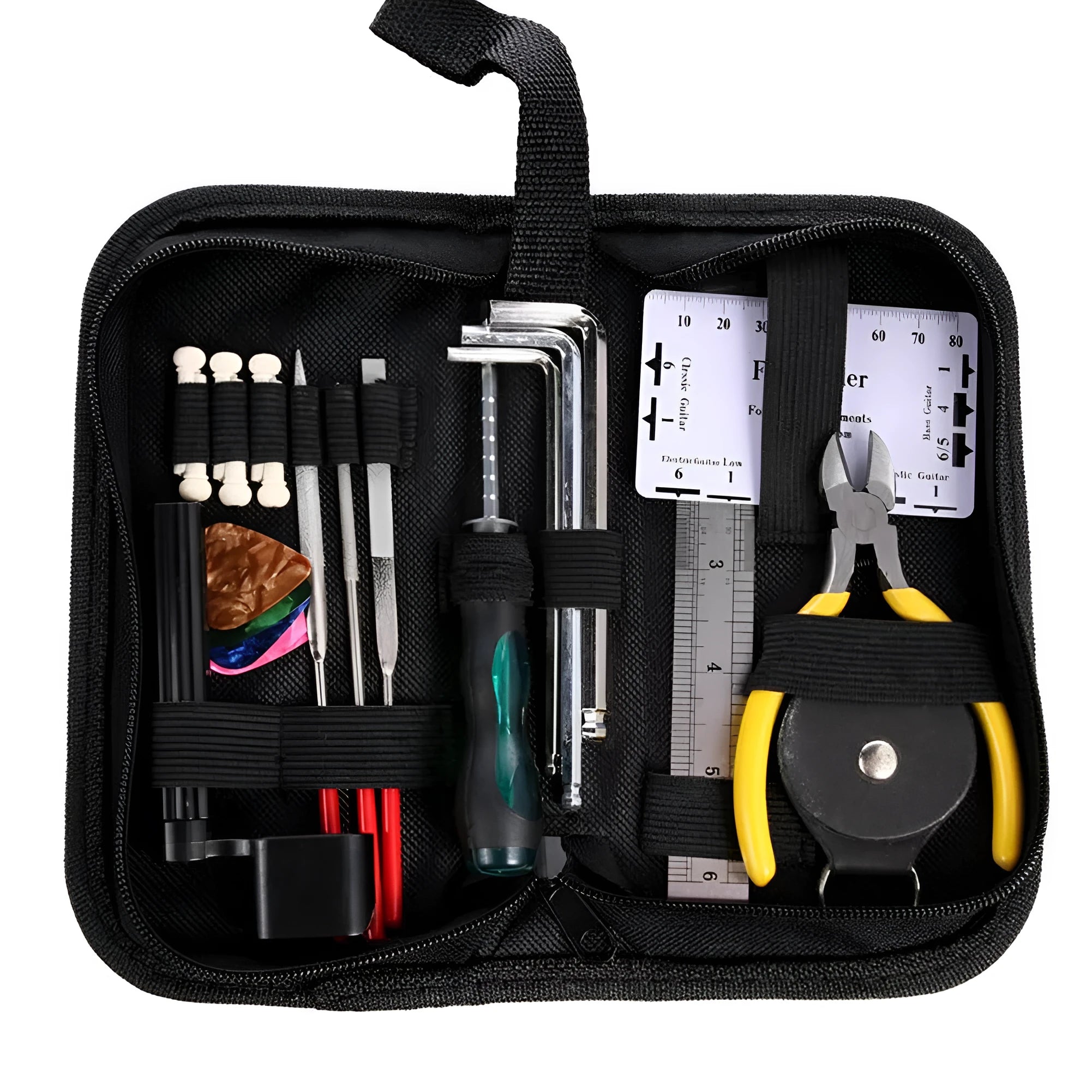 Black plastic guitar repair tool kit for guitars, bass, mandolin, and banjo, showing closed case.