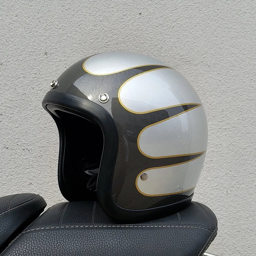 Retro style half motorcycle helmet in glass fibre construction for electric bike commuting