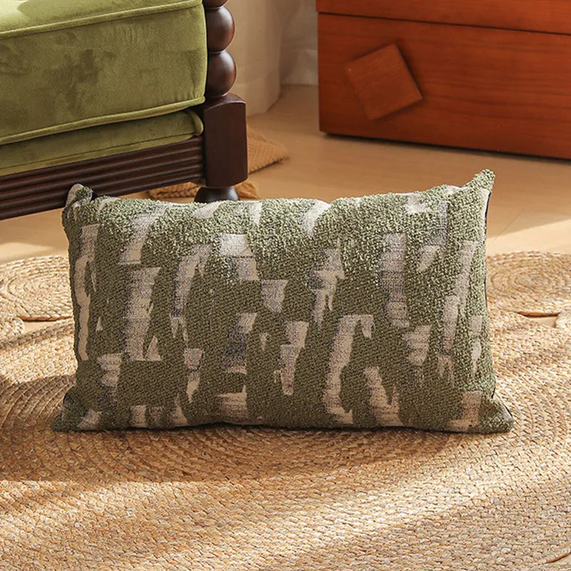 Square pillow cover with woven plant pattern in Nordic style, shown on a sofa as a waist pillow.