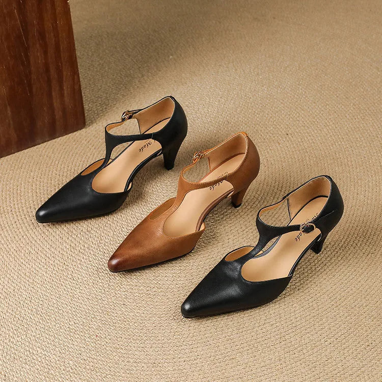 Brown retro women's sandals with T-shaped strap and 6-8cm heel in cowhide leather