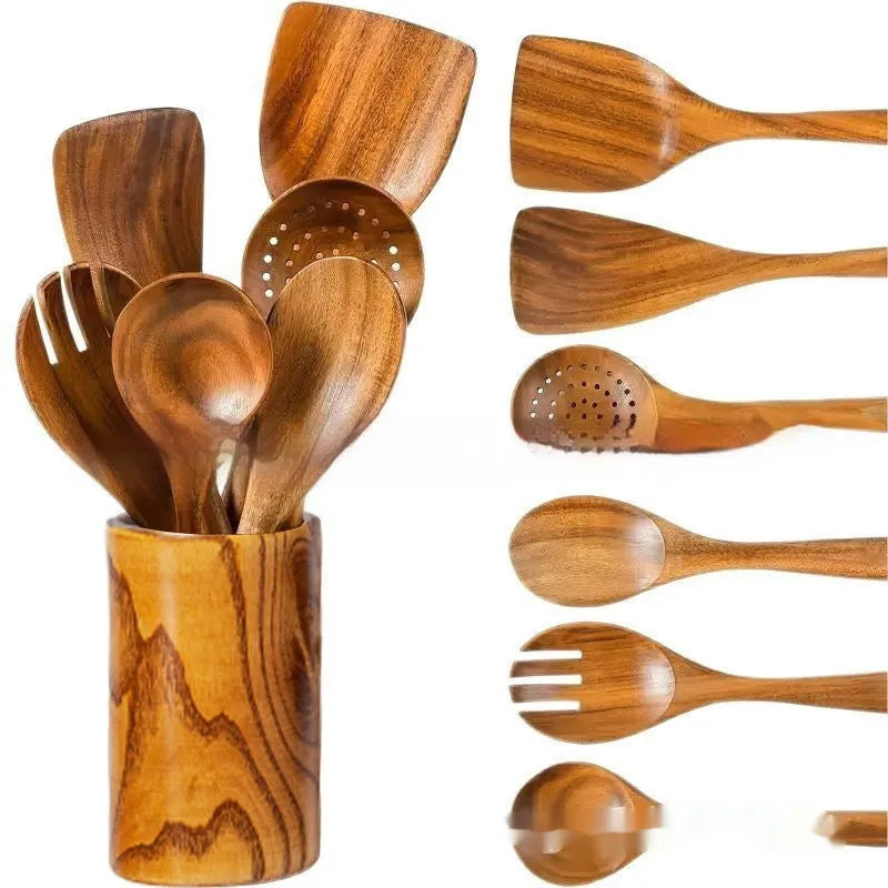 Seven-piece wooden spoon and spatula kitchen utensil set on kitchen counter