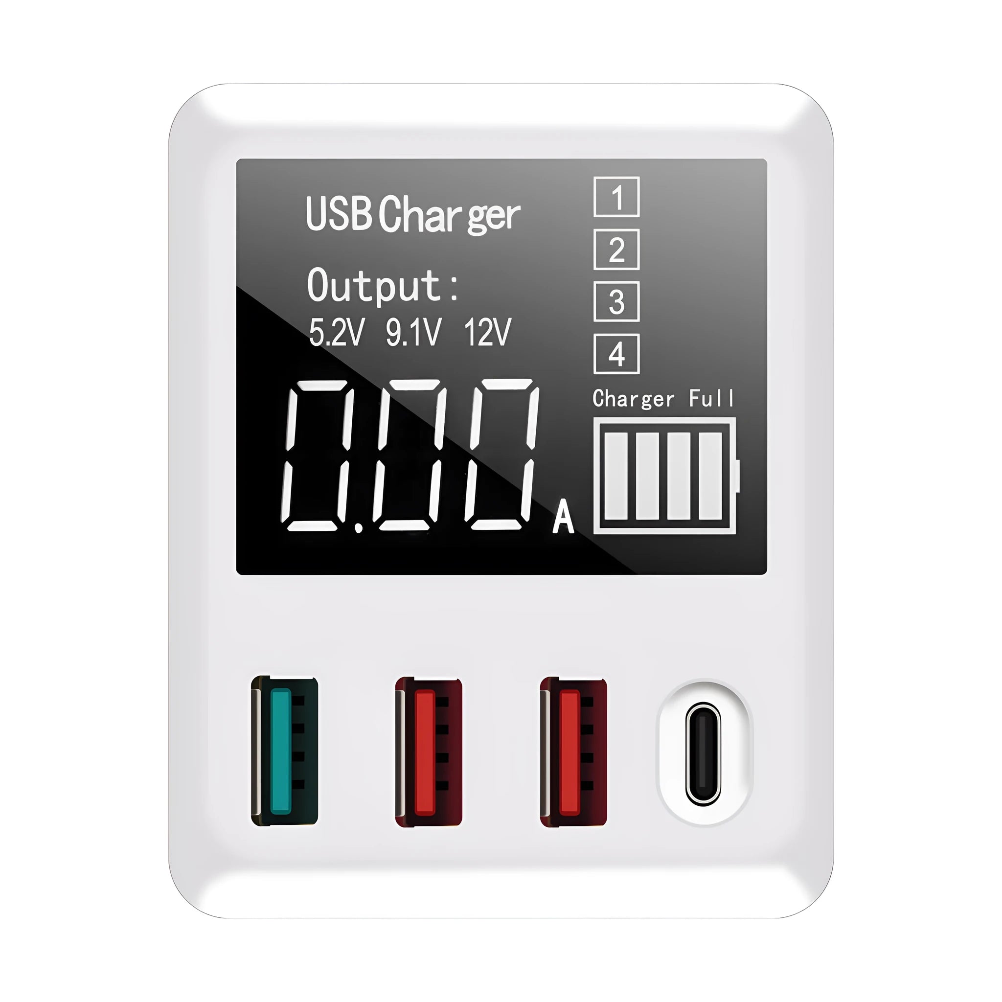White 4-port fast travel charger with smart display, QC3.0 and PD3.0 ports, and UK plug.