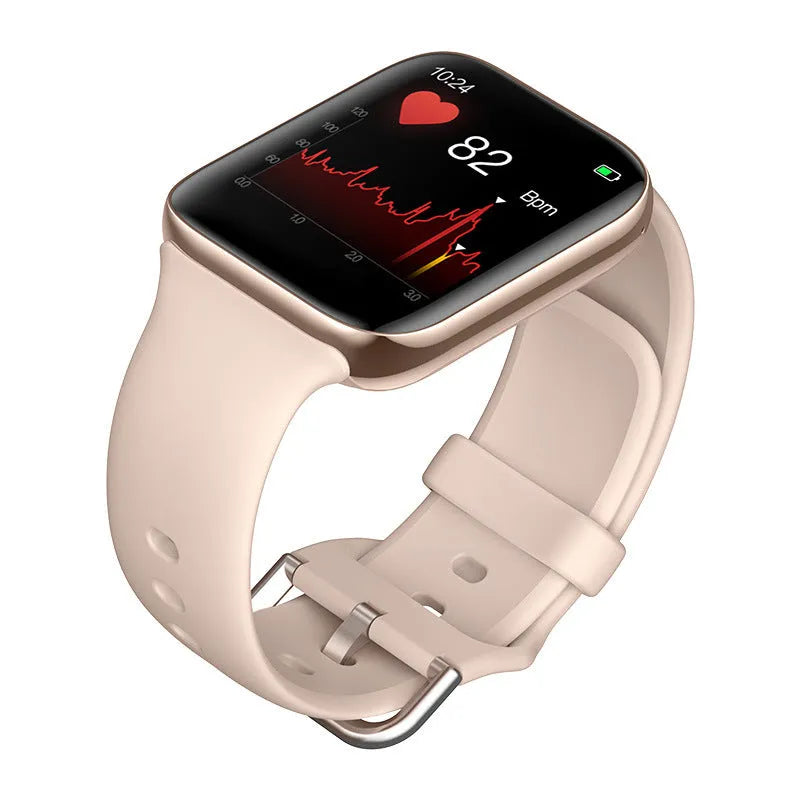 Black smart bracelet with a touch screen displaying blood pressure data on a silicone wrist strap.