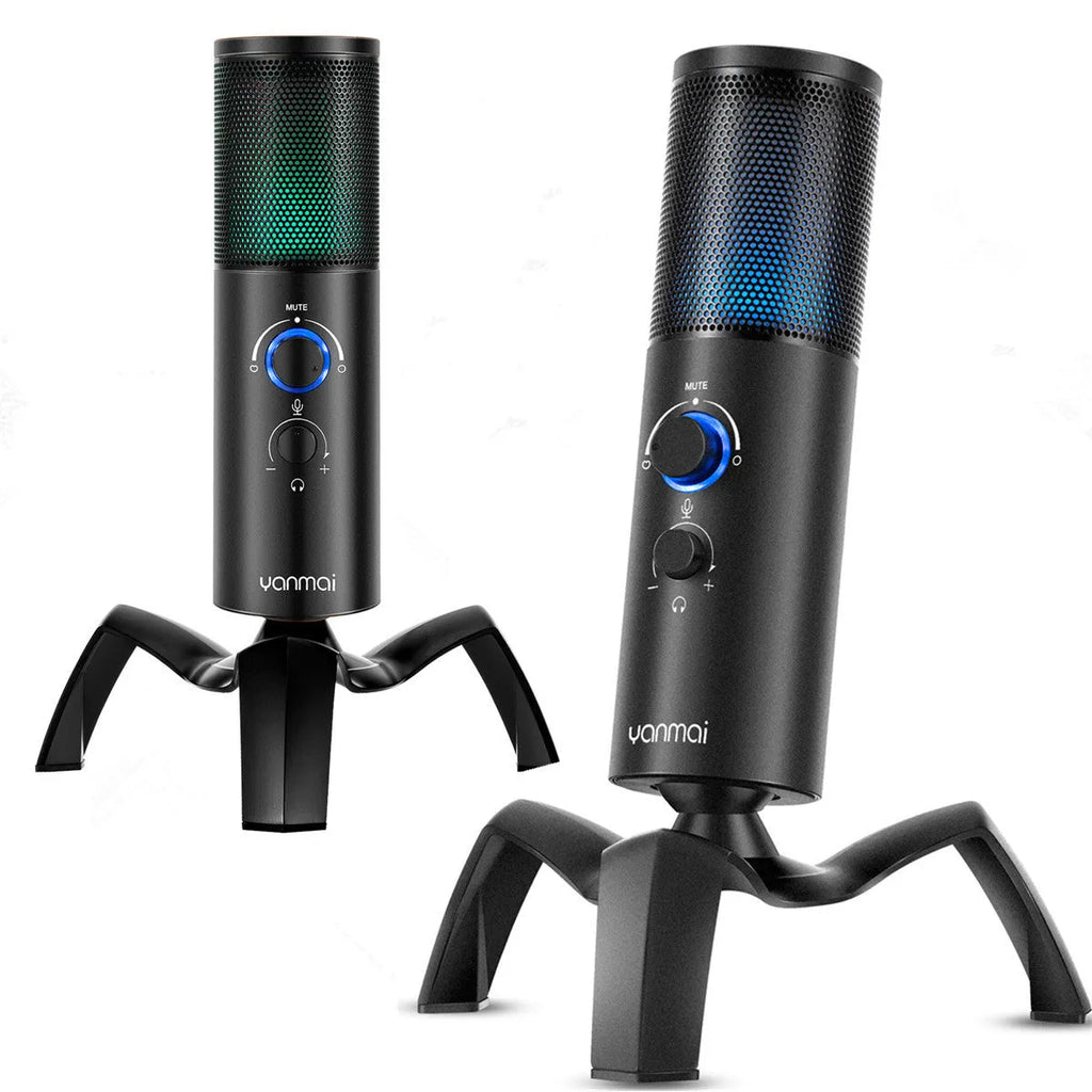 Black Q18 USB condenser microphone with RGB lighting on adjustable metal tripod