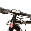 Black ABS bicycle headlight with LED display showing 350-lumen brightness and rechargeable battery