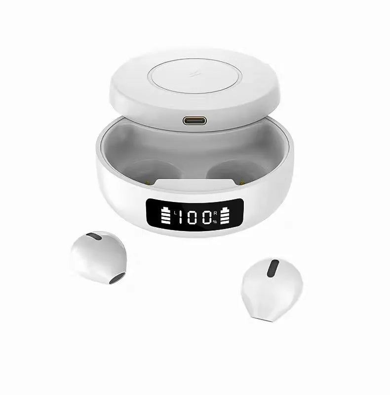 Mini black semi-in-ear wireless headphones placed inside their white wireless charging case, shown open.
