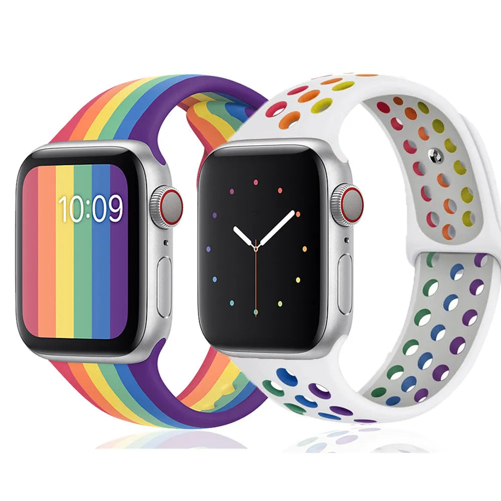 Adjustable silicone sports wristband in black, white, or rainbow colours with a single buckle.