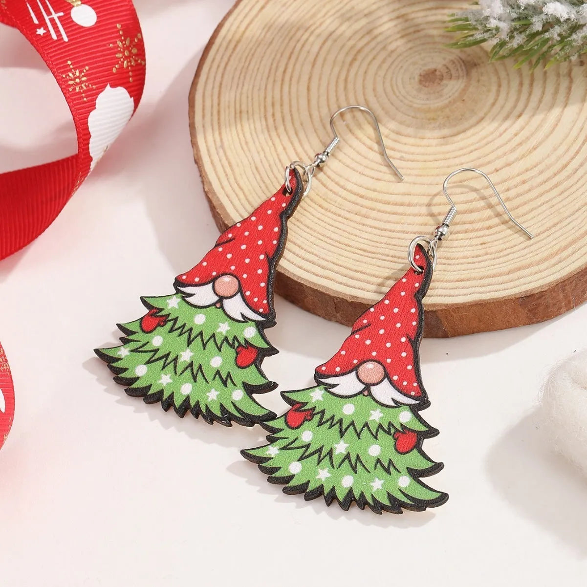 Wooden Christmas earrings with printed Santa Claus designs in Christmas Tree and Snowman styles