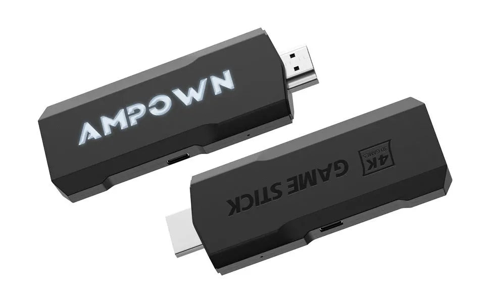 Black HD home TV game console with wireless handle on a wooden surface next to an HDMI cable.