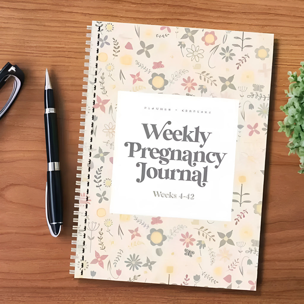 A5 Pregnancy Weekly Diary Notebook open showing weekly pregnancy tracking pages