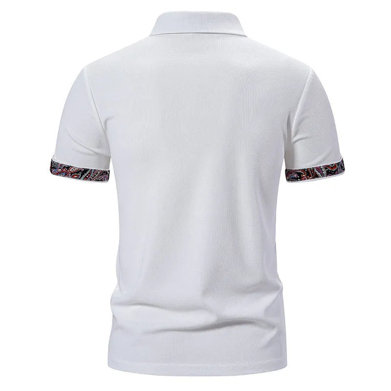 Men's navy blue polo shirt with white stitching on the turnover collar and short sleeves.