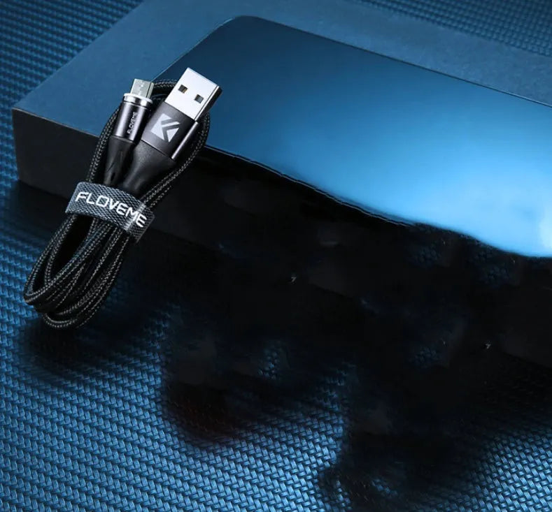 Black magnetic charging cable with LED lights showing USB-C and lightning connectors