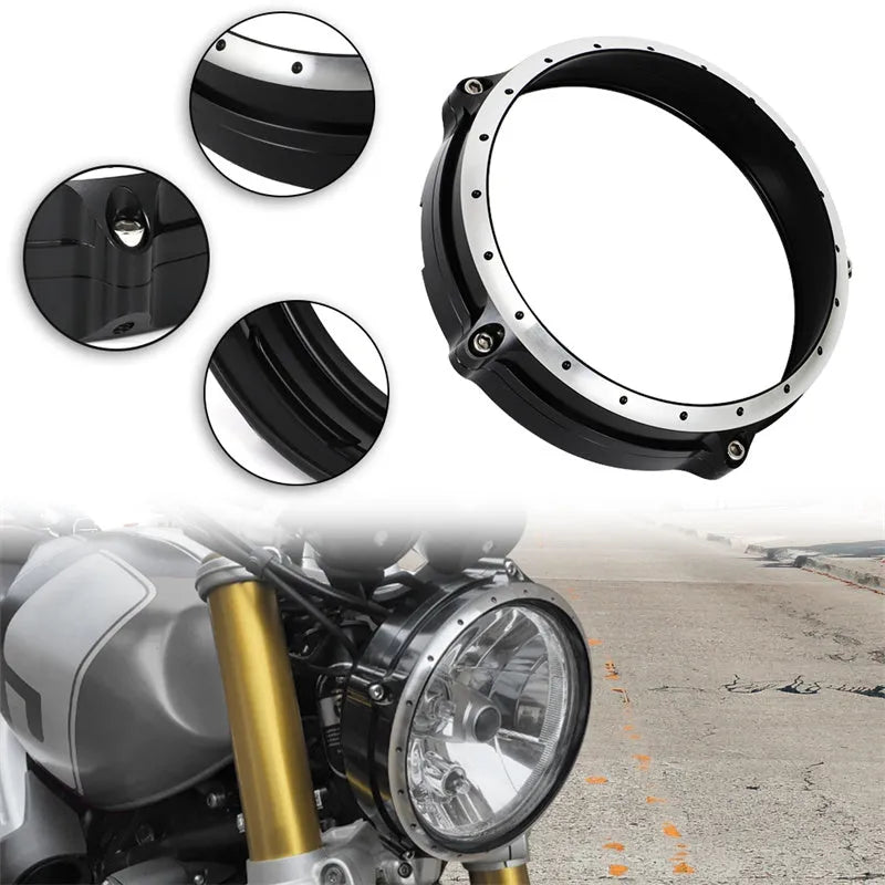 Black CNC aluminium headlight protective frame for BMW R NineT Scrambler motorcycle