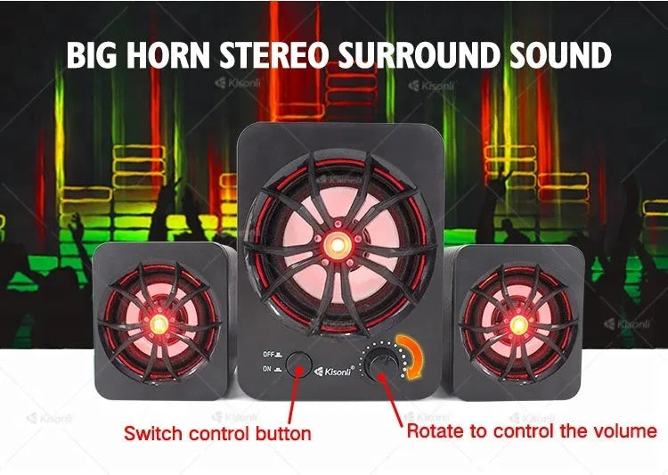 Green illuminated 2.1 USB computer speaker with colourful LED lights and connection cable