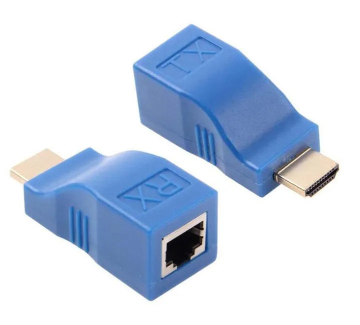 HDMI over Cat-5e/6 extender kit showing compact transmitter and receiver units for 30m 1080P signal extension.