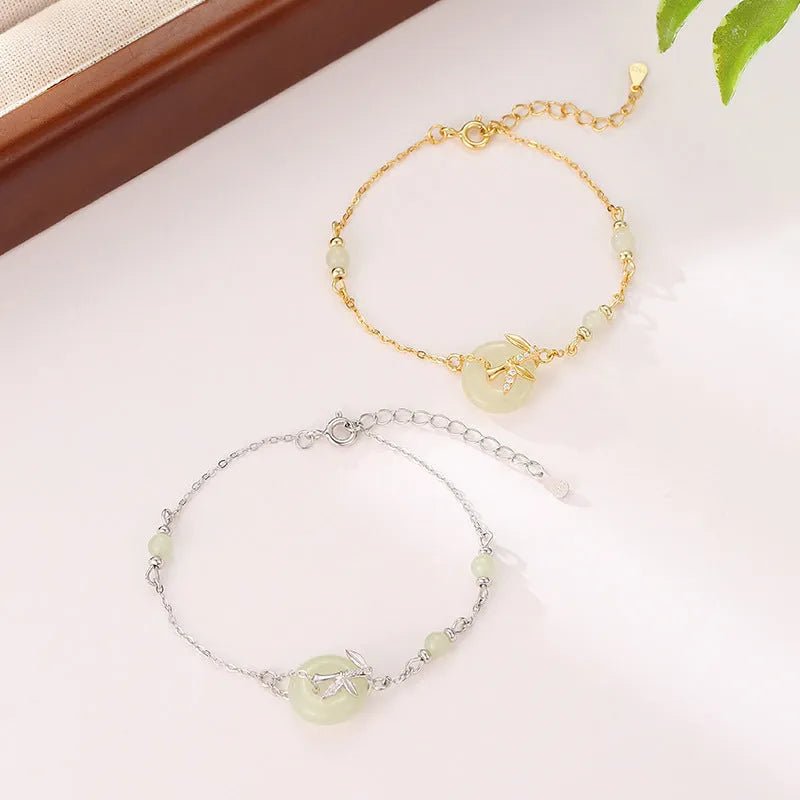 Women's antique style safety buckle bracelet in 925 sterling silver with Hetian jade accents