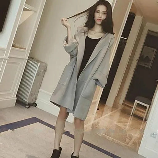 Plus size women's loose fit thin cotton coat in grey with lace detail, long sleeves.