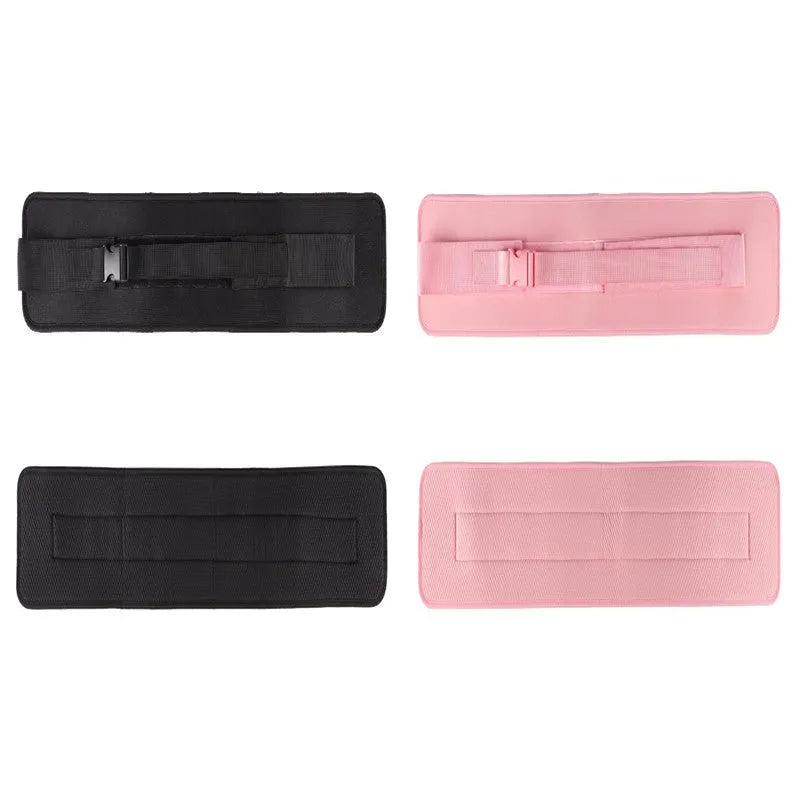Black or pink fitness auxiliary strap for lumbar support during dumbbell barbell hip bridge exercises.