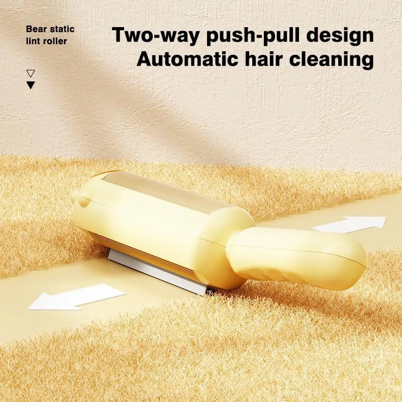 Blue pet hair remover with self-cleaning base on a fabric sofa