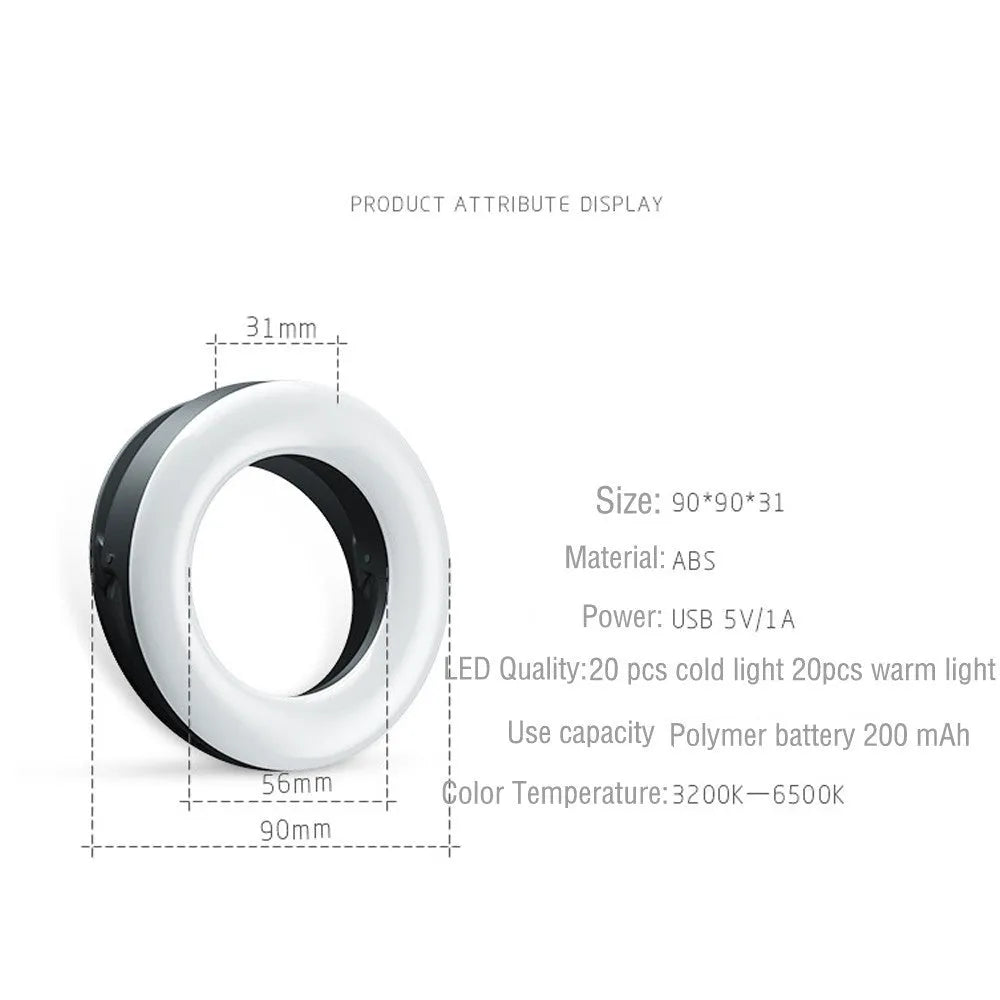 Black LED ring light for mobile phone photography with USB cable