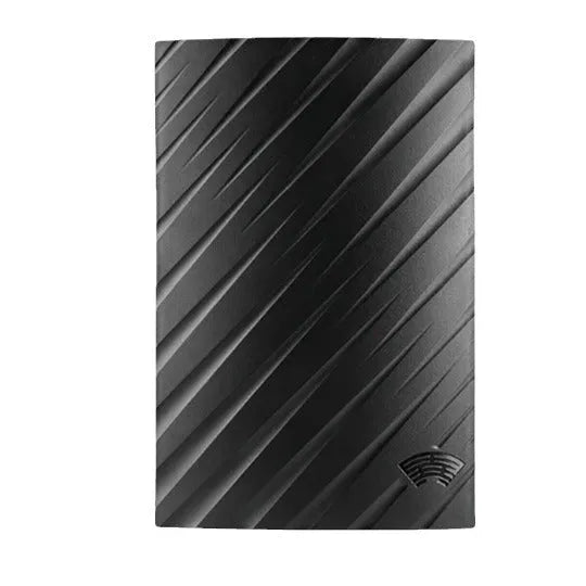 Black plastic indoor digital television antenna with mounting accessories.