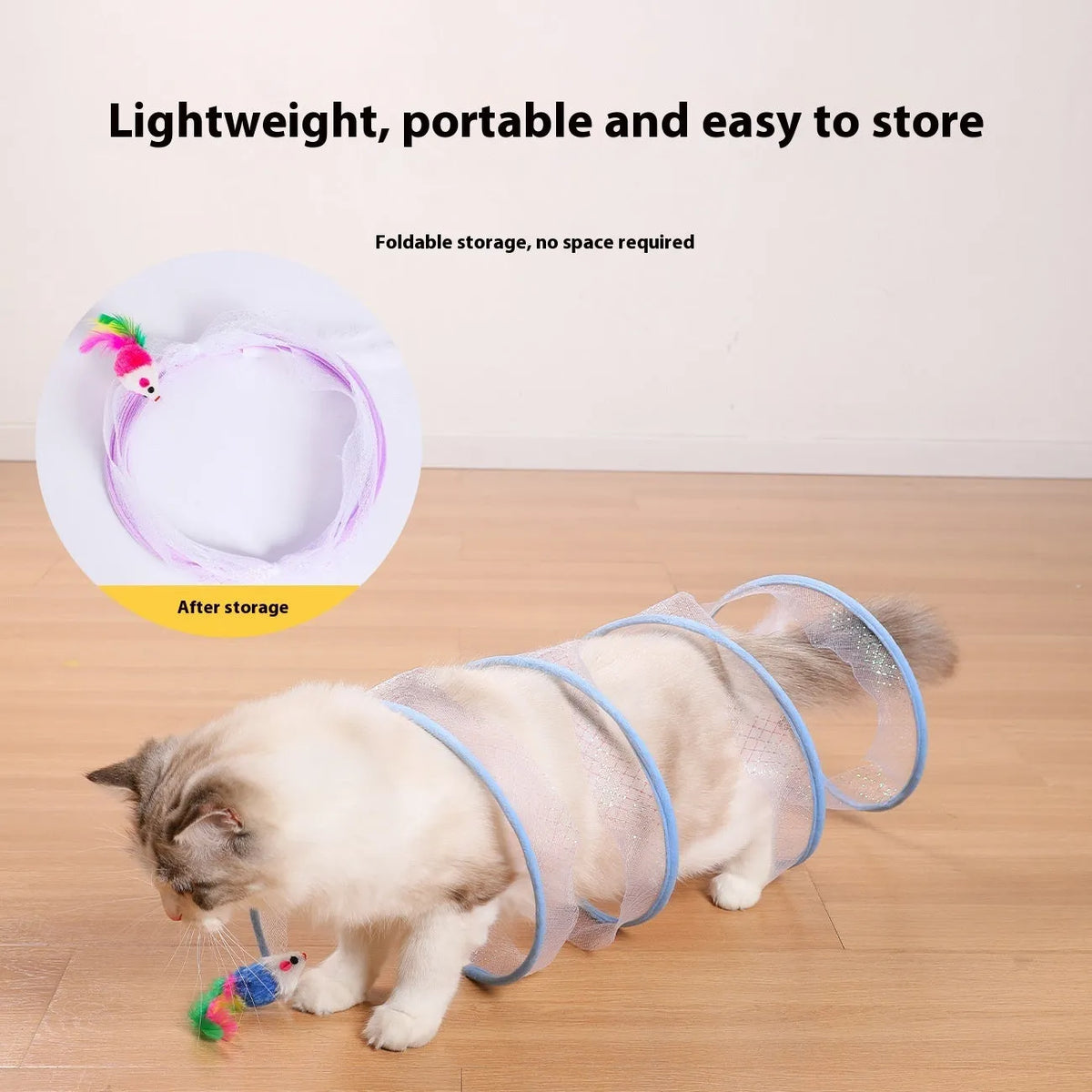 S-Type cat tunnel toy with flexible steel wire frame, elastic net mesh, and feather lure