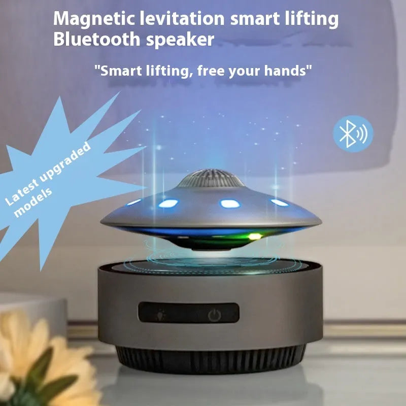 Automatic lifting magnetic levitation Bluetooth speaker floating above charging base