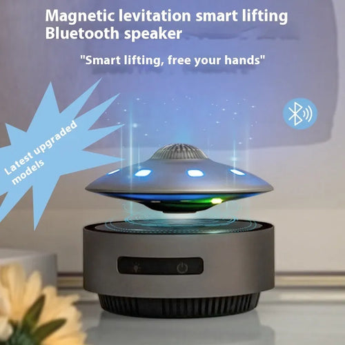 Automatic lifting magnetic levitation Bluetooth speaker floating above charging base