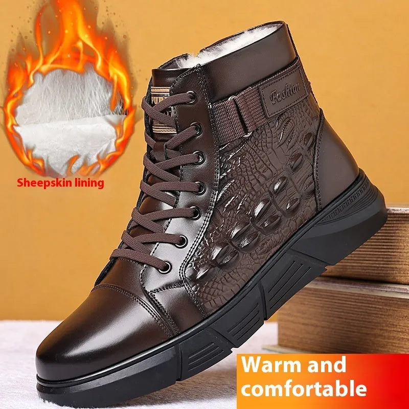 Men's black genuine leather snow boots with integrated fur trim and lace-up front.