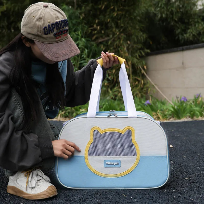 Outdoor foldable cat backpack carrier in blue colour with breathable panels.