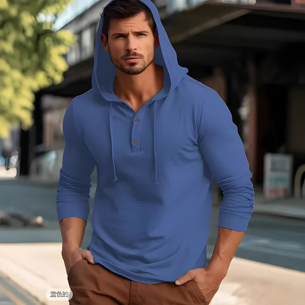 Long sleeve cotton pullover hoodie in dark blue, shown in European/American sizing.