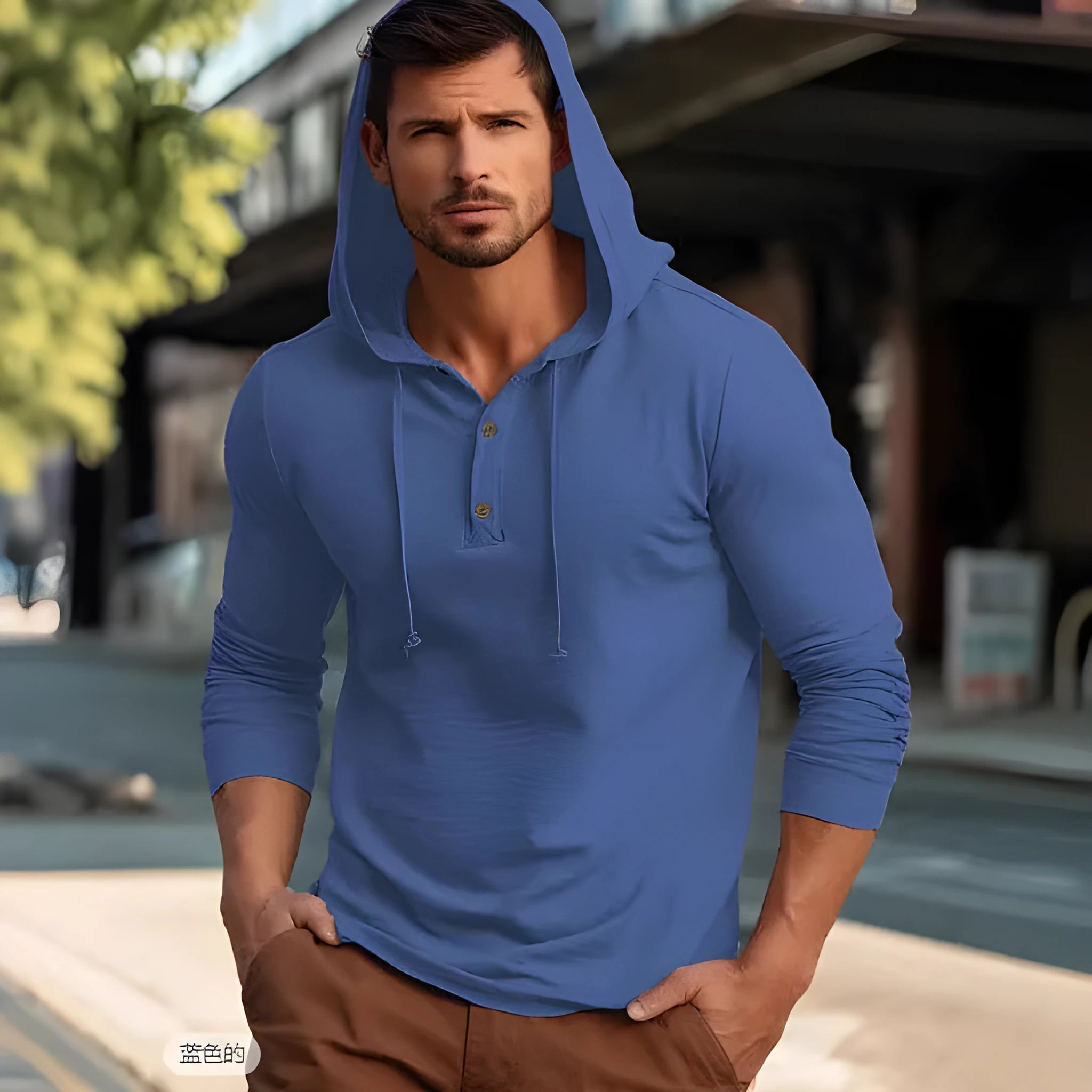 Long sleeve cotton pullover hoodie in dark blue, shown in European/American sizing.