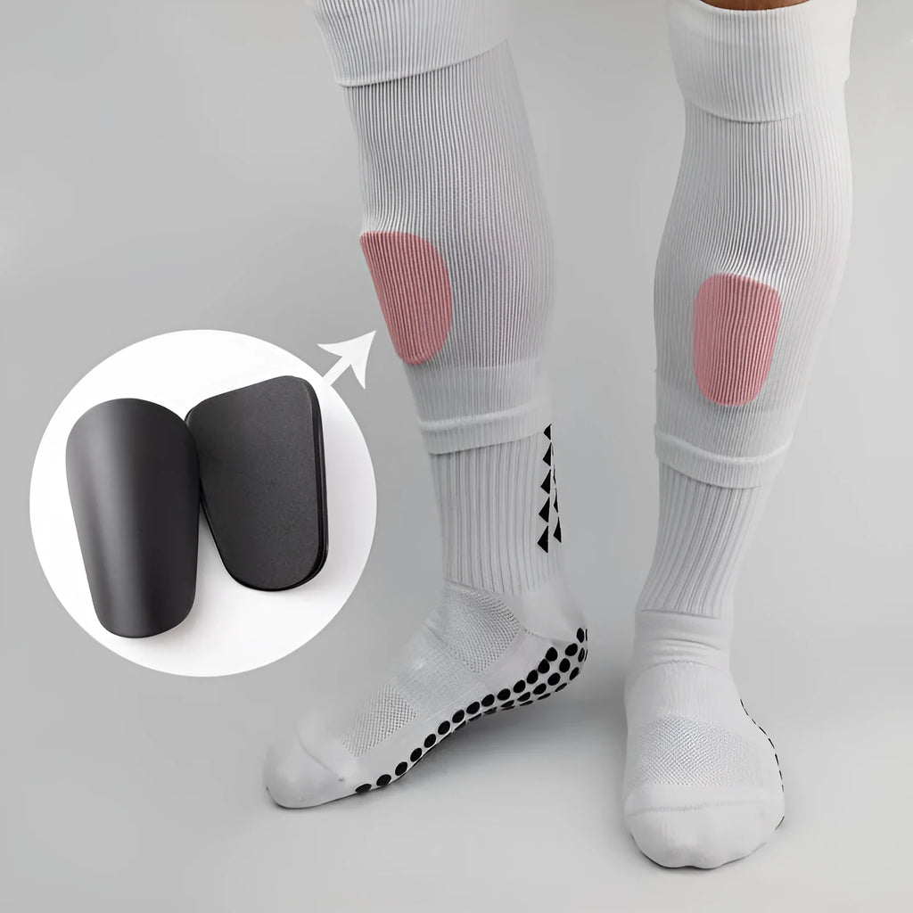 PU mini shin guards for football and sports protection in black, white, red, and blue colours